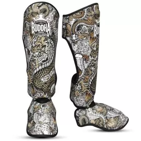 Buddha muay thai Dragon shin guards white